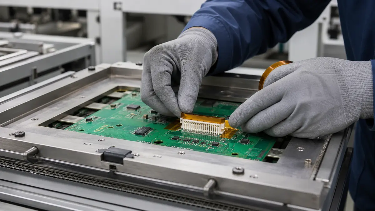 Technician applying amber polyimide tape around a PCB connector in a wave-solder pallet